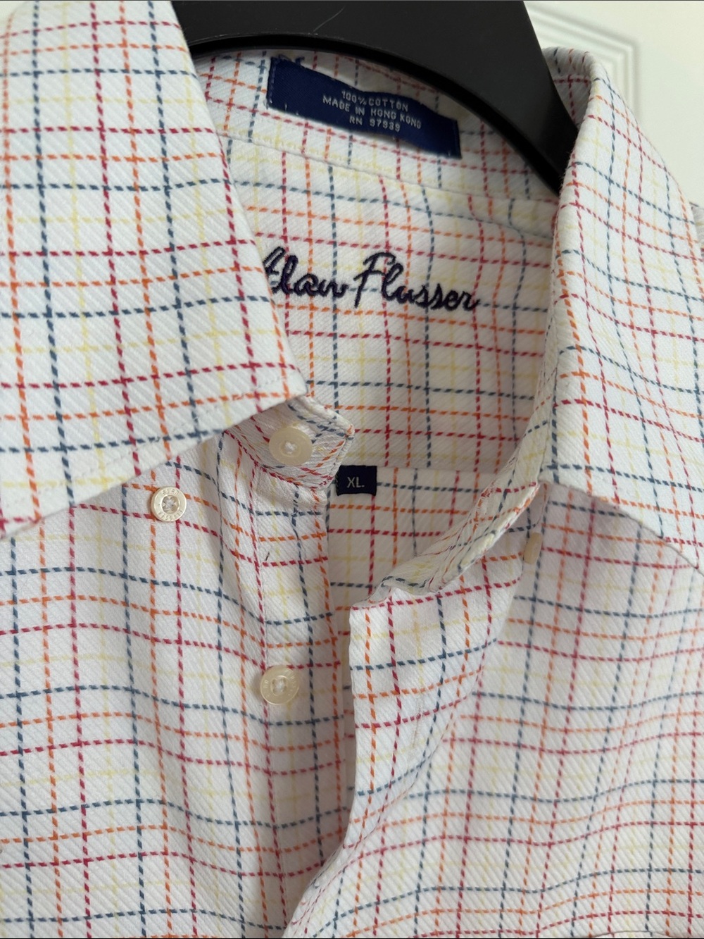 Alan Flusser White Windowpane Button-Down with Red, Blue & Yellow Lines
